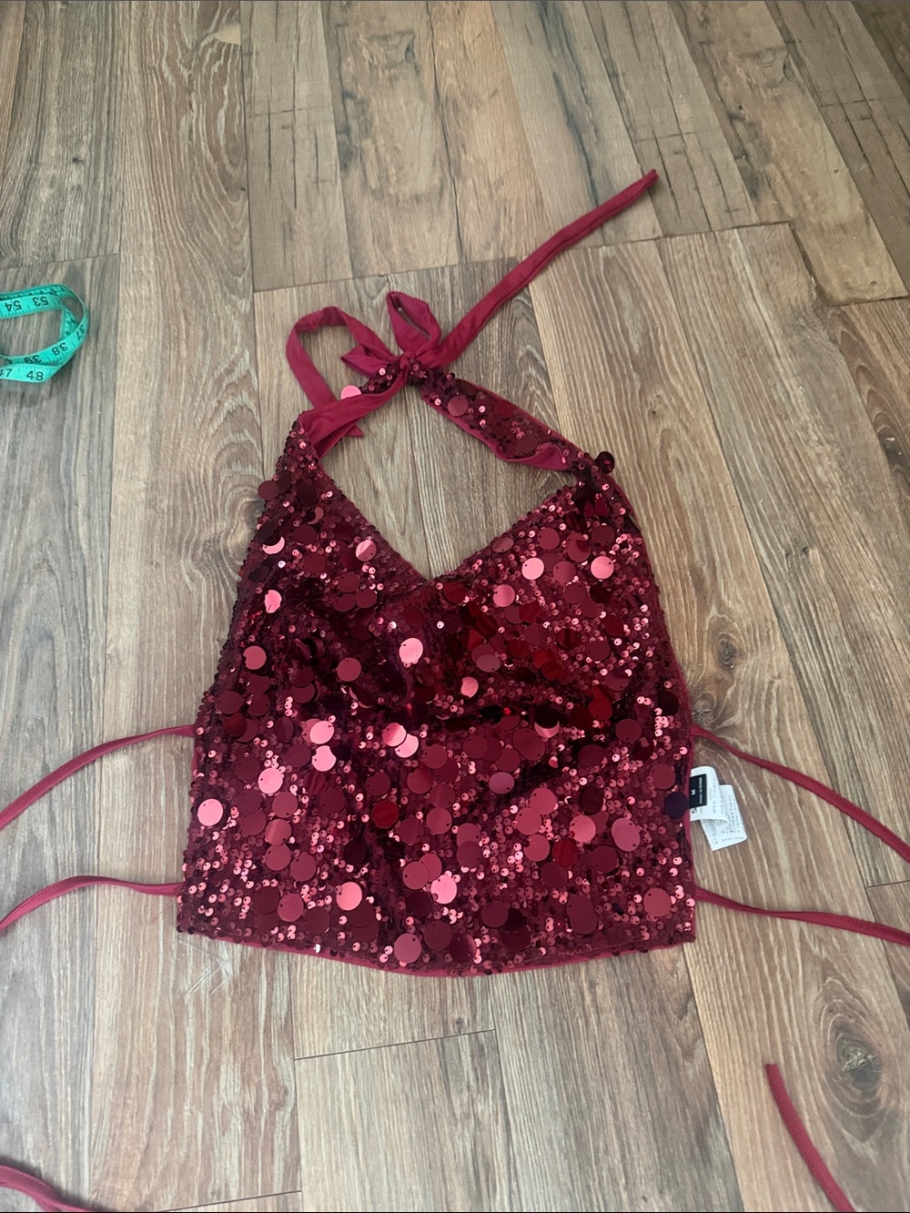 SHEIN Red Sequin Halter Crop Top